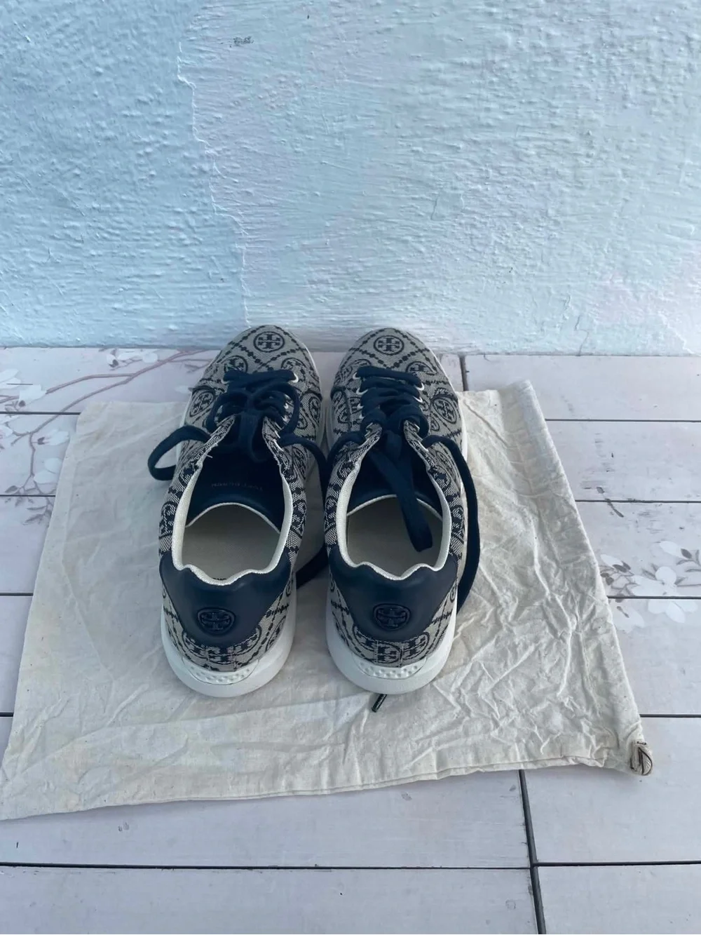 Tory Burch Navy Logo-Pattern Lace-Up Sneakers